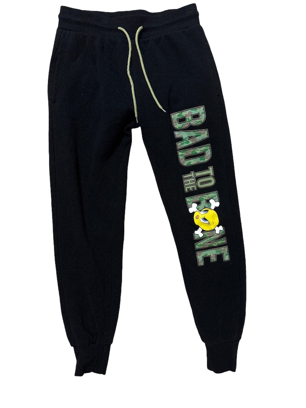 Looney Tunes Black Joggers with Green Camo 'Bad to the Bone' Graphic